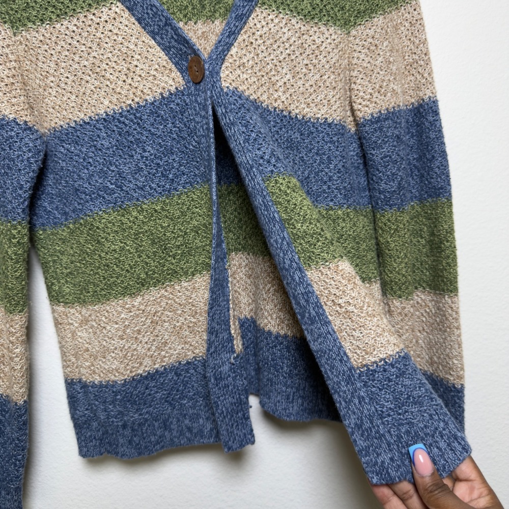 VTG 90s Women Cotton Ramie Cardigan Sweater M Blue Green Goblin Gremlin Forest - Picture 3 of 8